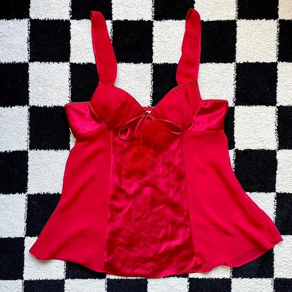 Red Satin Bustier Slip & Feather Thong Set M - Picture 1 of 8